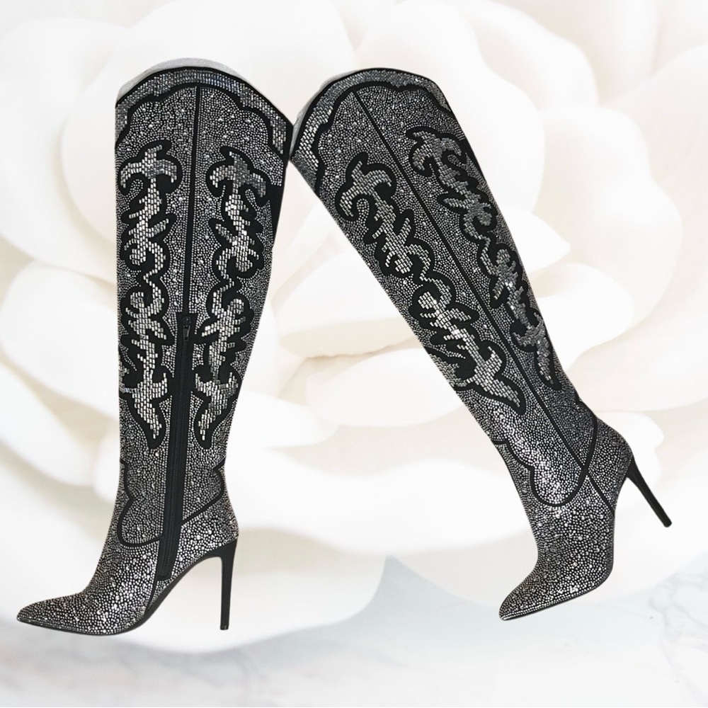 Rhinestone Embellished High Western Rodeo Festival Cowgirl Stiletto Boots